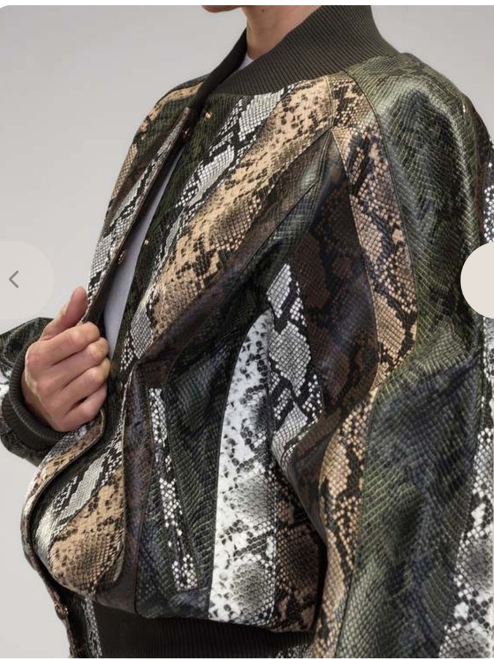 Snake Vegan leather Print Bomber Jacket in Olive, Tan & Black